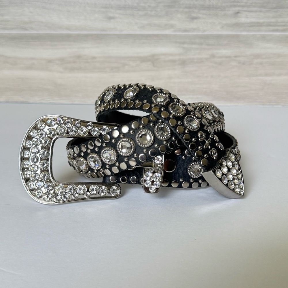 Kippys Swarovski crystal leather western Y2K black an silver trendy country belt - Picture 2 of 15